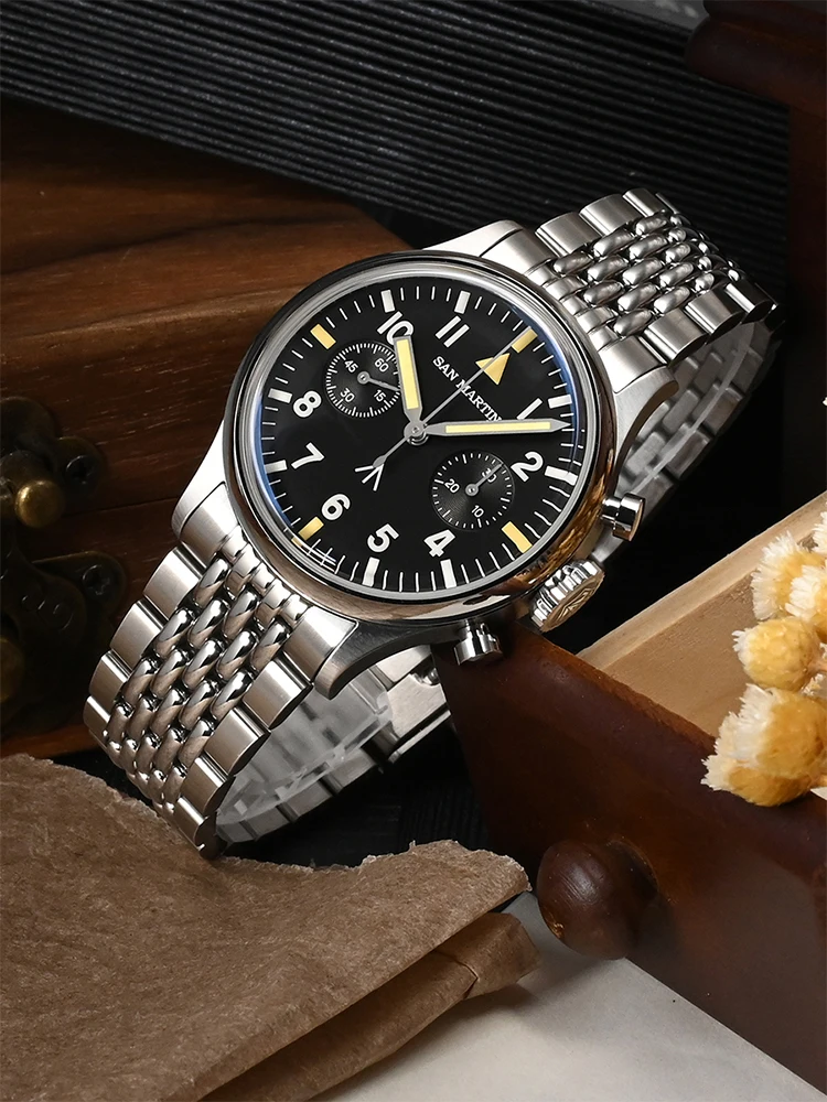 San Martin 38.5mm Mens Chronograph Pilot Watch Luxury ST1901 Manual Mechanical Simple Military Flieger Sapphire 10 ATM Luminous