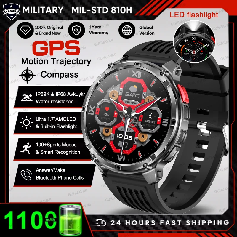 2026 HOT Nieuwe Sport Smartwatch 1100mAh Grote Batterij Duurzaam Kompas 10ATM Waterdicht Tactisch 170+ Sporten BT Oproep Smartwatch Heren