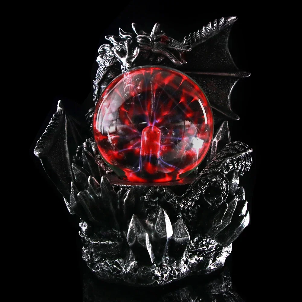 MGT-Medieval Dragon Statue, Dark Dragons Guardian, Halloween Touch, Sensitive Electric Plasma Gazing Ball, Gothic Orb Lighting