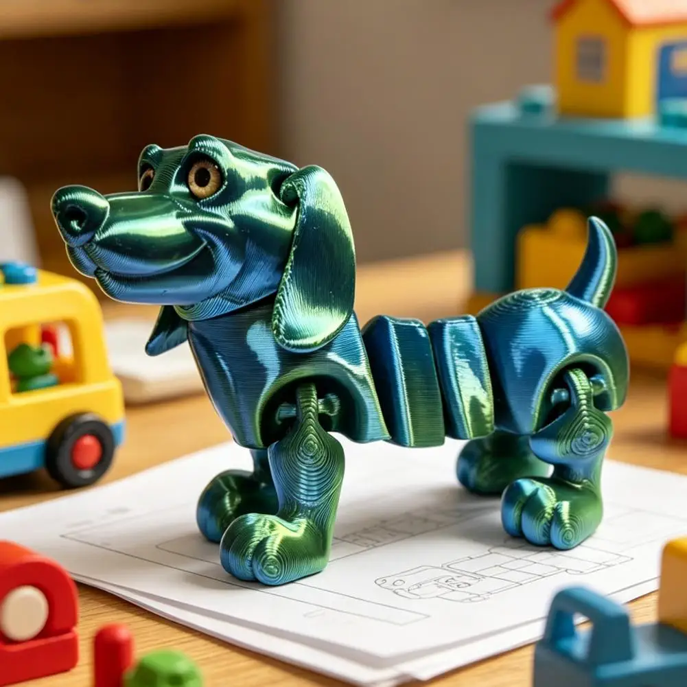 DOG Figurines 3D Printed Toys Dog Ornament Full-Joint Flexible Dachshund Shape Figurine Stress Relief Toy Metallic Texture Deskt