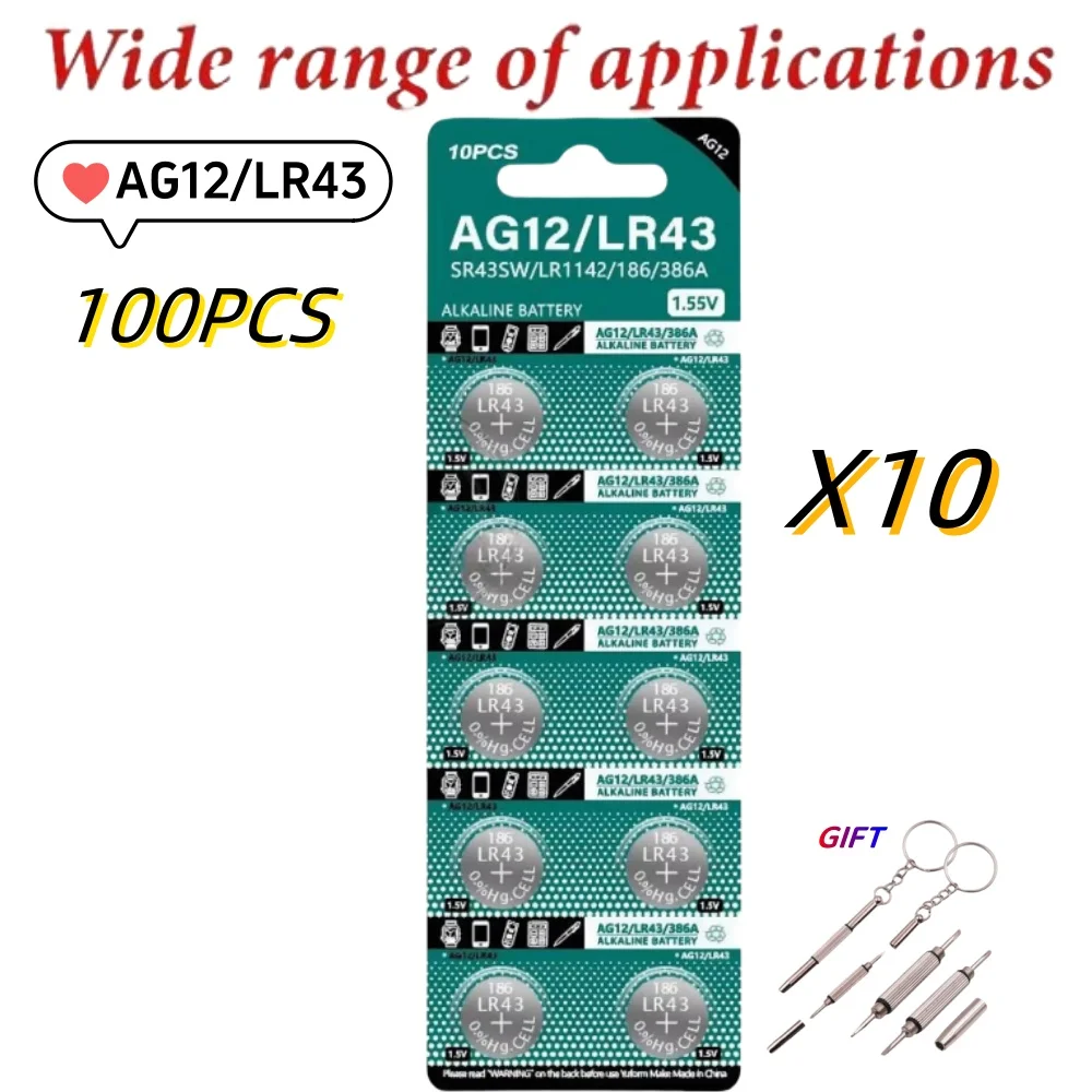 100 قطعة AG12 SR43 SR43SW LR43 زر بطاريات بيلاس 110mAh V12GA SR1142 386A RW44 1.5V خلية عملة قلوية لبطارية الساعة