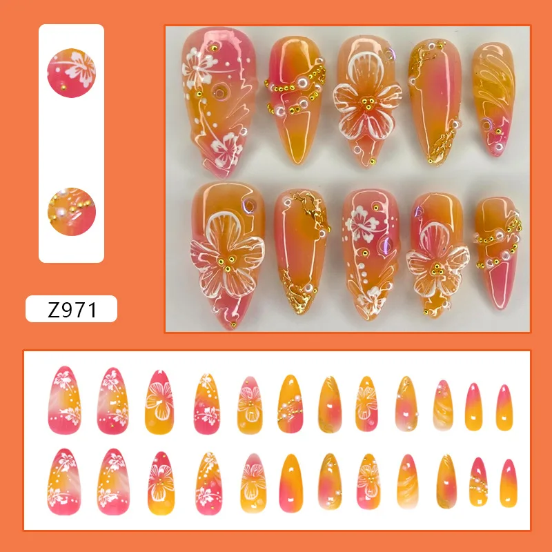 24szt Gold Pink Flower Press On Nails Glossy Almond Autumn Wearable Fake Nails With Pearl Gold Ball Decor Ballet False Nail Tips