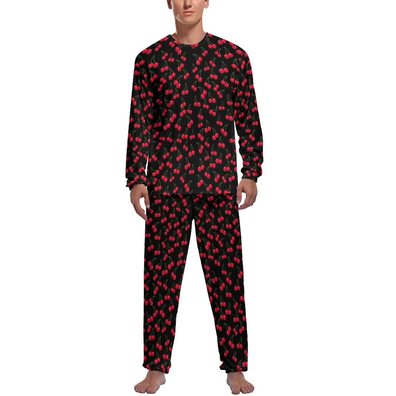 Cherries Jubilee Pajamas Autumn Red Fruits Print Home Sleepwear Man 2 Pieces Graphic Long Sleeves Warm Pajama Sets