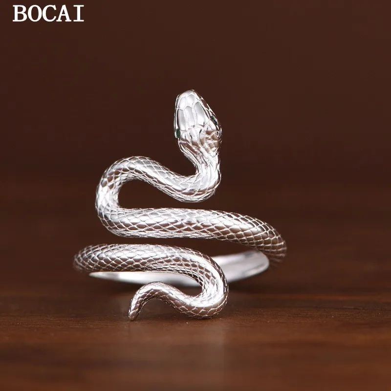 

BOCAI S925 Sterling Silver Personalized Light Luxury Style Open Mouth Small White Snake Women's Ring