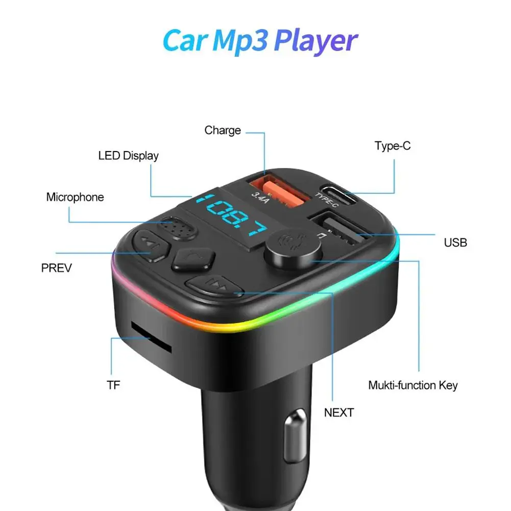 Car FM Transmitter Bluetooth Car Charge Dual USB Port+Type-C Handsfree Call Wireless Aux Audio Radio Modulator MP3 Player