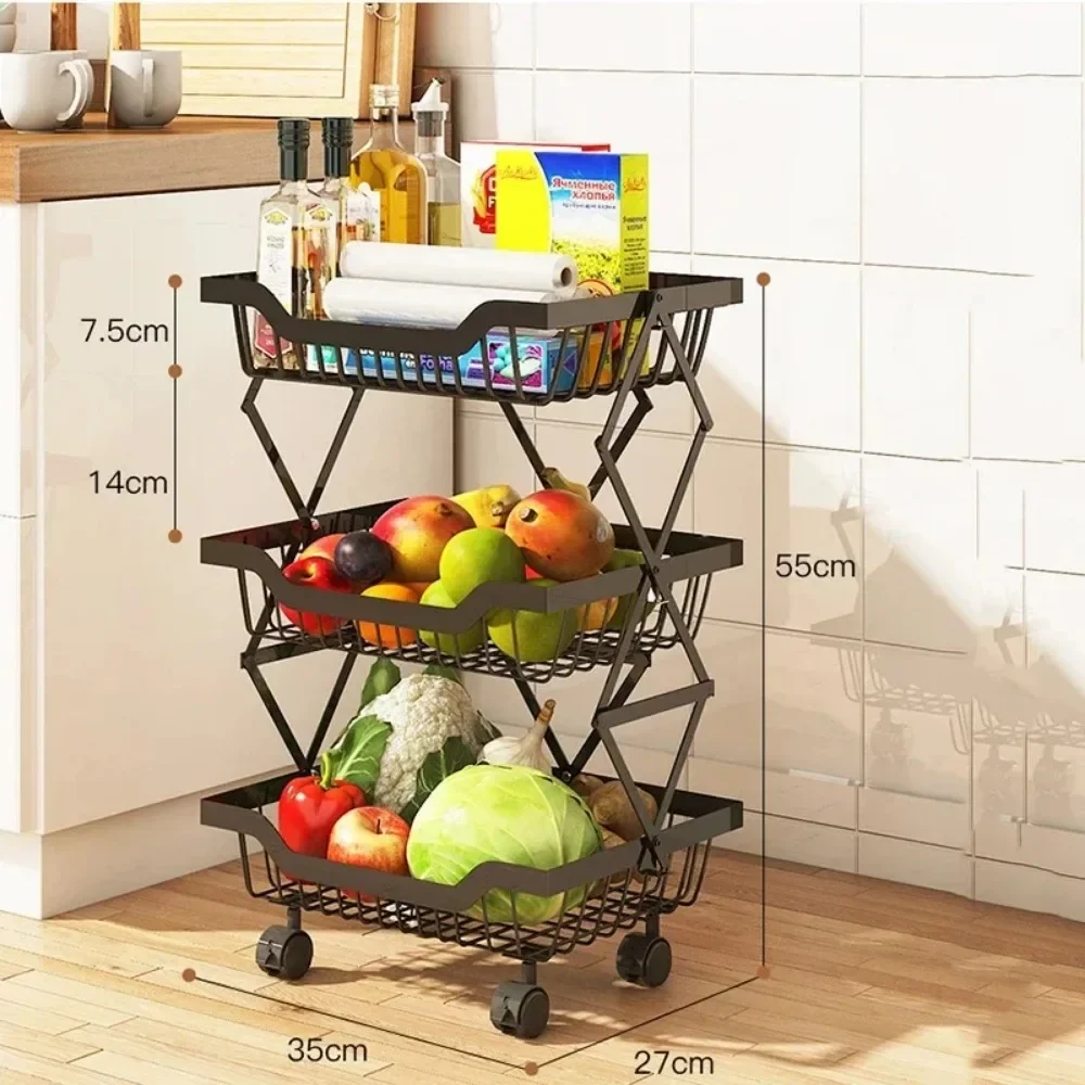 Kitchen Fruit Basket Crevice Vegetable Storage Carts Movable Floor-Mounted Shelf Folding Rack Multi-Layer Stackable Trolley Cart