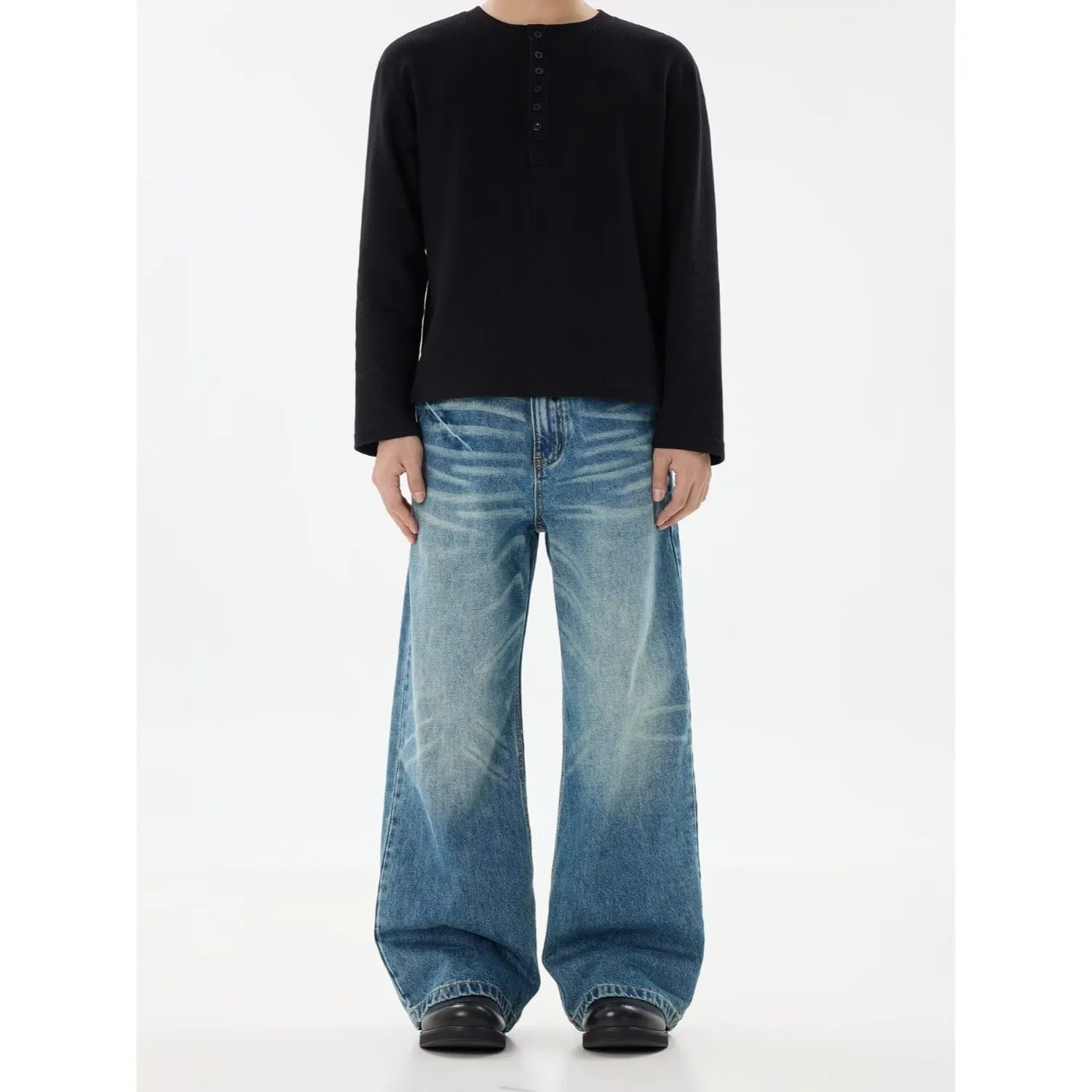 

Мужские джинсы в стиле ретро, синие, с эффектом потертости, свободные, широкие штанины, американский уличный стиль, Cleanfit, винтажные, с завязками на талии