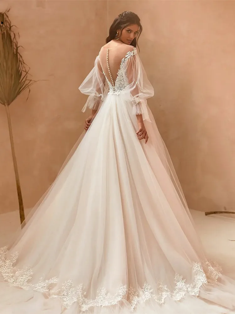 Elegant Tulle Wedding Dresses Long Puff Sleeves Sheer O-neck Appliques Floor Length Bridal Gown Civil Robe De Mariee