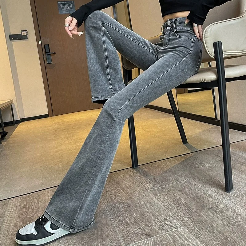 High Waist Slim Fit Flare Jeans Women's Spring Summer 2024 New Sle Double Bule e ey Cotton Stretch Denim Pants - Image 3