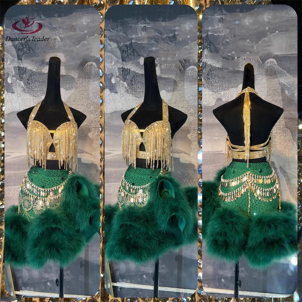 Latin Dance Competition Women's High-end Custom Gold Bra Green Fluffy Skirt Tango Samba Performance Rhinestone Dress