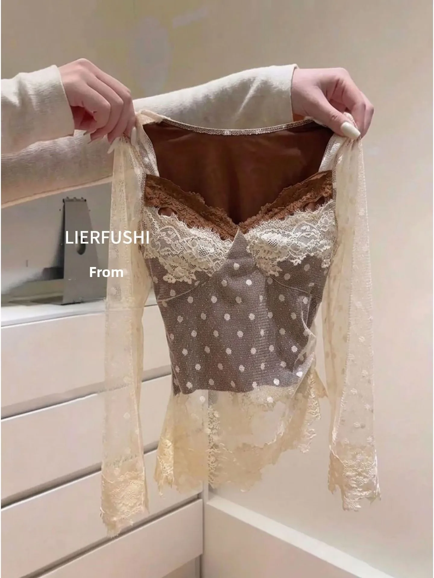 Retro Style Square Collar Long Sleeve Polka Dot T-Shirt Women's Overhead Lace Mesh Splicing Base Shirt Inner Wear Top Autumn