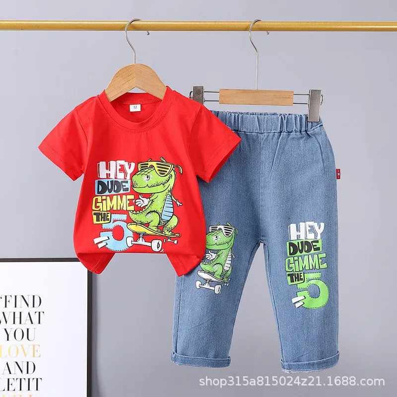 2025 New Children\'s Set boys Summer Cartoon Printed Short Sleeve+Cowboy Pants Infant Fashion Set 0-4 Years Old