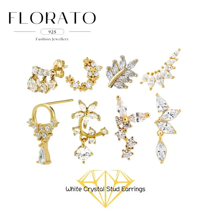 

925 Silver Needle White Zircon Plant Shape Crystal Stud Earrings For Women Luxury Temperament Earrings Fashion Party Jewelry