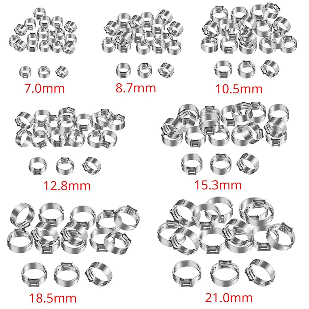 130-Piece 304 Stainless Steel Hose Clamp Assortment Kit, Single Ear Clamp Crimp Rings for Pipe Fixing