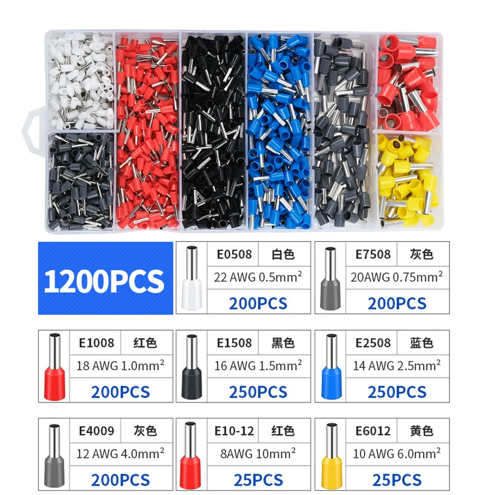 1200pcs Assortment Ferrule Wire Copper Crimp Wire Terminals Connector Tubular Kit Insulated Cord Pin End Crimping Terminal Kit