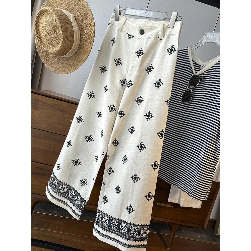 2025 Summer New Thin High Waist Wide Leg Pants for Women Fashion Retro Embroidered Casual Loose Pants Streetwear Women Y2k