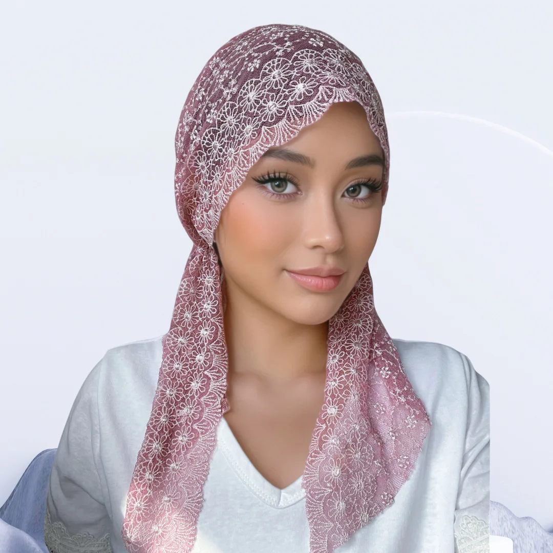 Chapeau foulard en dentelle brodée de luxe – Turban pull pour femmes, couvre-cheveux à la mode et voile de beauté