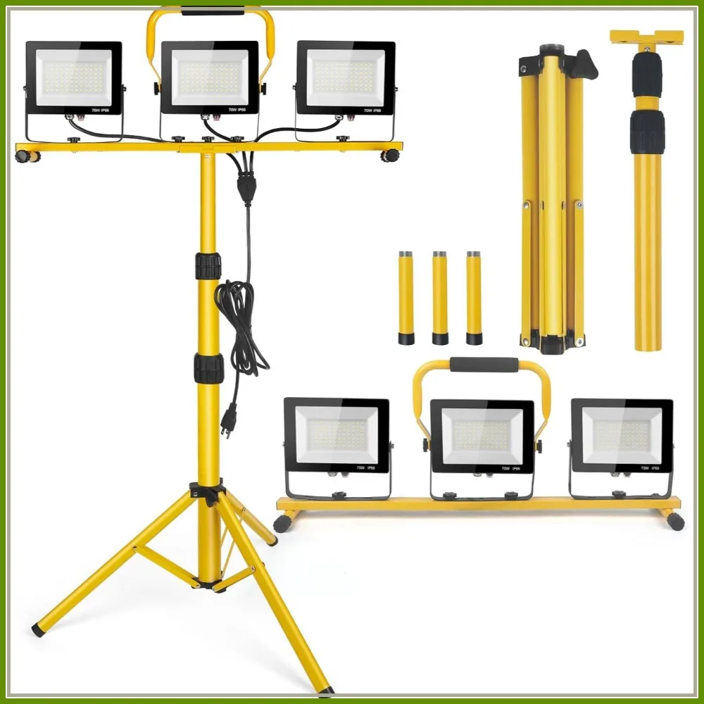 

21000LM LED Work Lights with Stand, 3 Head Portable Tripod, IP66 Waterproof for Job Site Garage