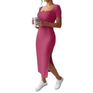 Summer Dress Square Neck, Hip-Acting Skirt of Medium Length, Short Sleeve, Versatile Mesh Dress 8 Main Sales Dress with Slit - №1