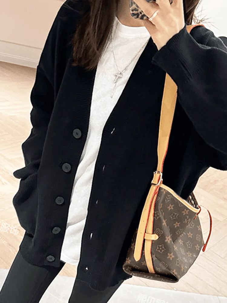 Saili Premium Black Knitted Sweater Cardigan Jacket for Women New Loose Long Sleeved Top