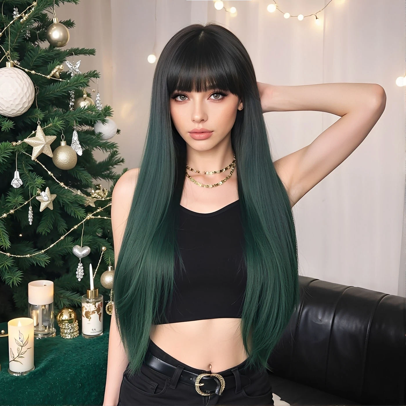 عيد الميلاد الأخضر الداكن طويل مستقيم الباروكات الاصطناعية للنساء شعر مستعار يومي مع الانفجارات تأثيري لوليتا هالوين شعر مستعار استخدام مقاومة للحرارة