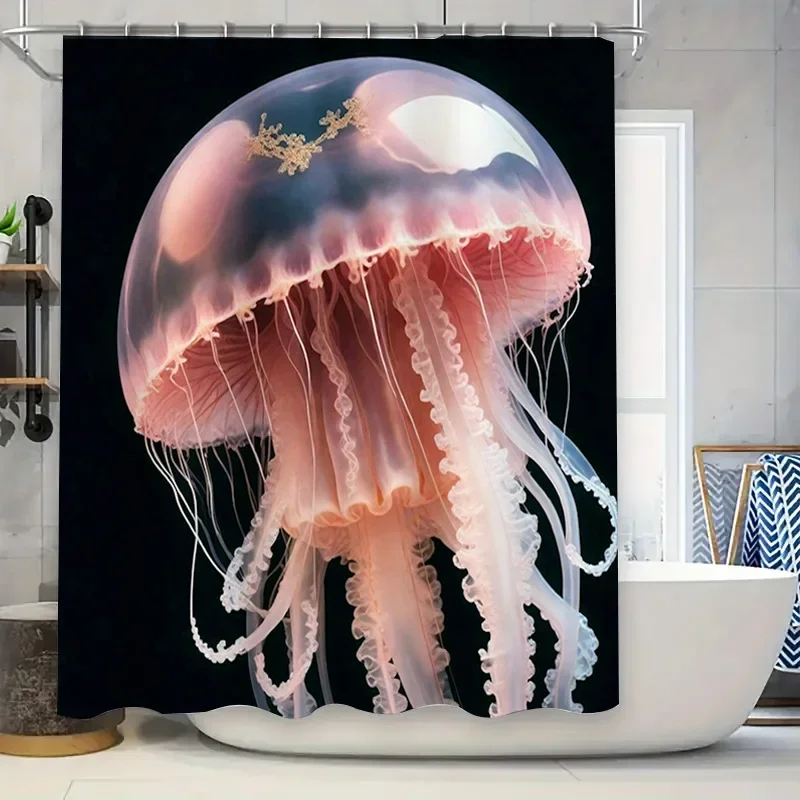 Impresionante cortina de baño de medusas, cortina de ducha decorativa impermeable para baño, artículo de decoración del hogar impreso colorido rosa blanco w
