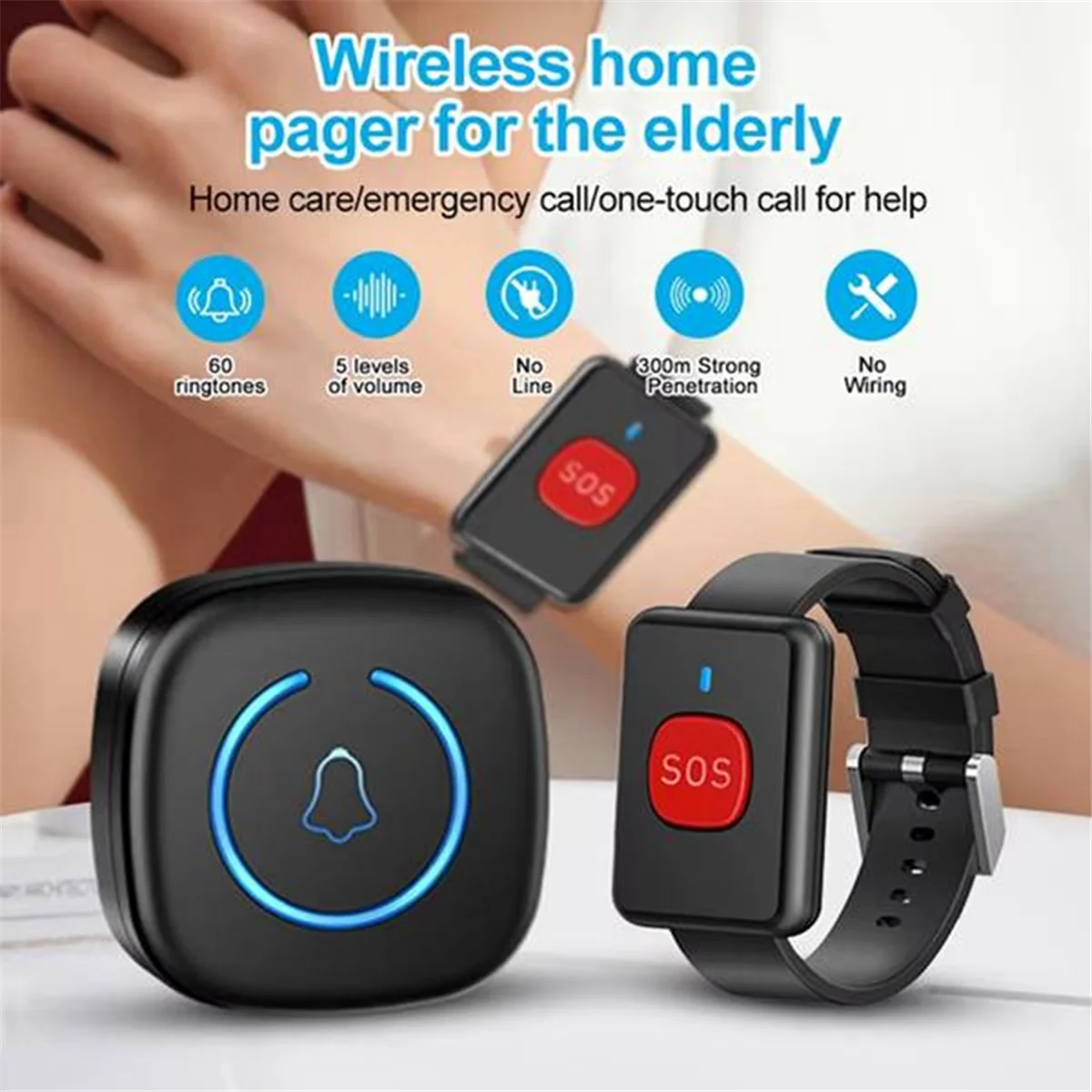 ABNJ Wireless Watch Button Pager Emergency SOS Pager Emergency Call Button for Kids Elderly Patient Call System US Plug Black