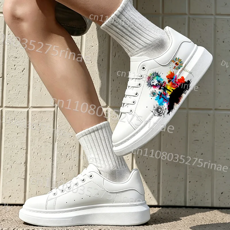 Picture 6: Jesus Art Pattern Printed Thick Bottom White Sneakers Adult Men Women Footwear Platform Casual Daily Street Sports Shoes
