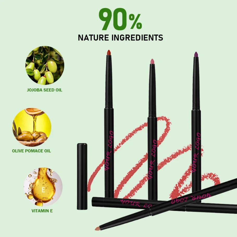 Trucco vegano Etichetta privata all'ingrosso Logo personalizzato Matita per labbra impermeabile con temperamatite Matita per labbra opaca a lunga tenuta