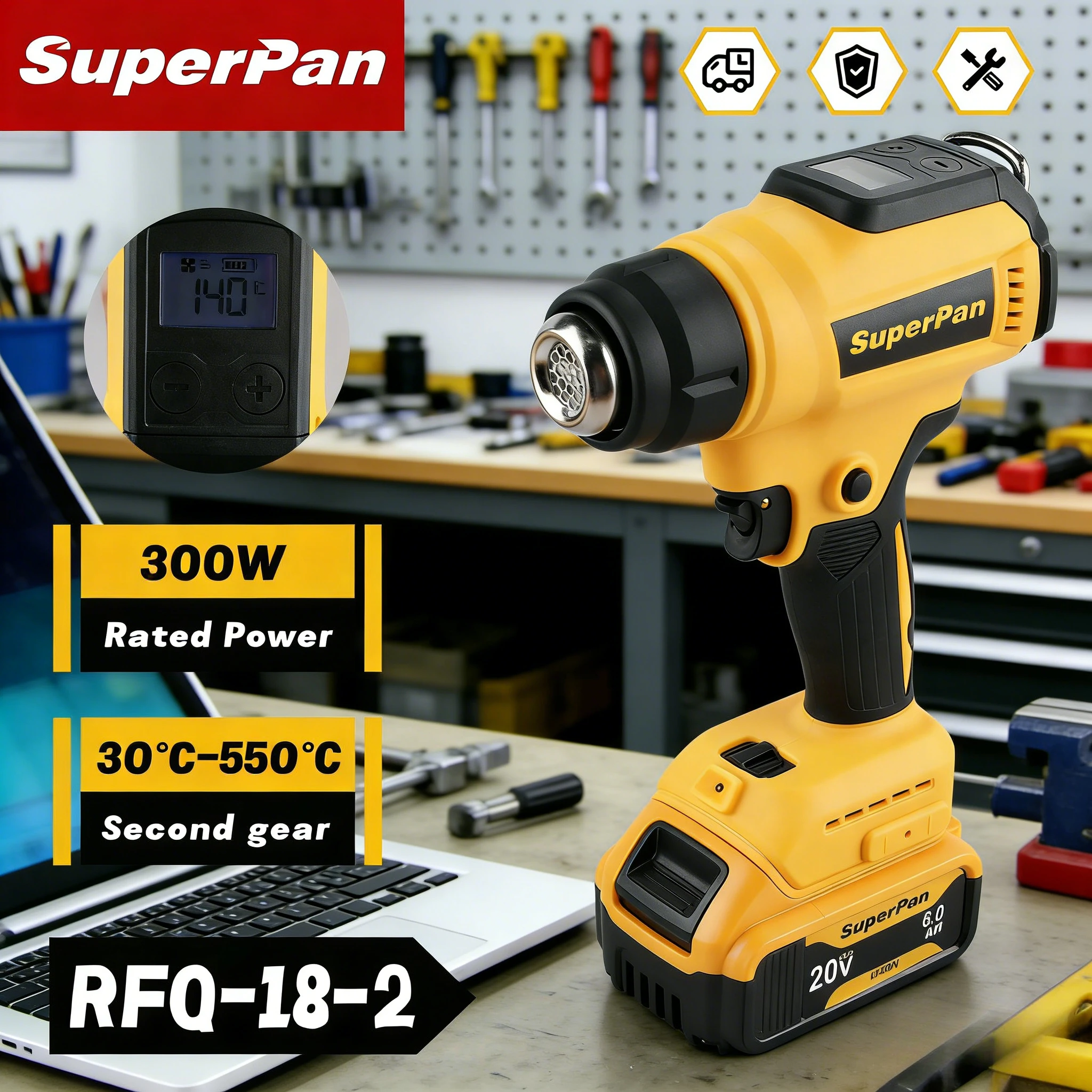 

Беспроводной термофен SuperPan 18В RFQ-18-2 для термоусадочной пленки, компактный инструмент для DIY, совместимый с аккумуляторами Dewalt 18В