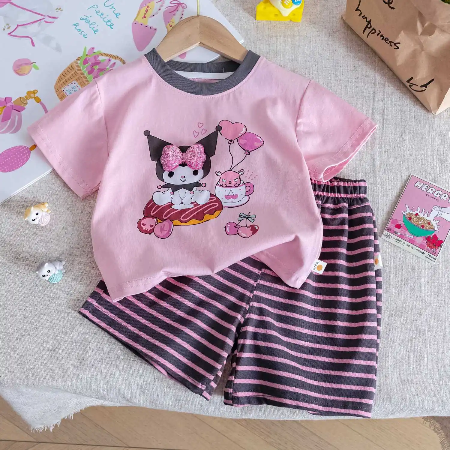 

2025 New Kuromi Anime Kawaii Sanrio Baby Short Sleeve Hoodie Clothes Summer Cute Shirt Pants Two-piece Clothing Gifts for Kids