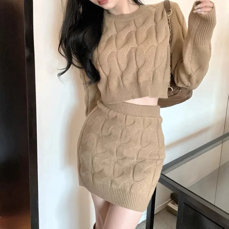 Knitted Sweater Set for Women Slim-Fit Thickened Long Sleeve with Cable Knit High-Waisted Bodycon Mini Skirt Two-Piece Set