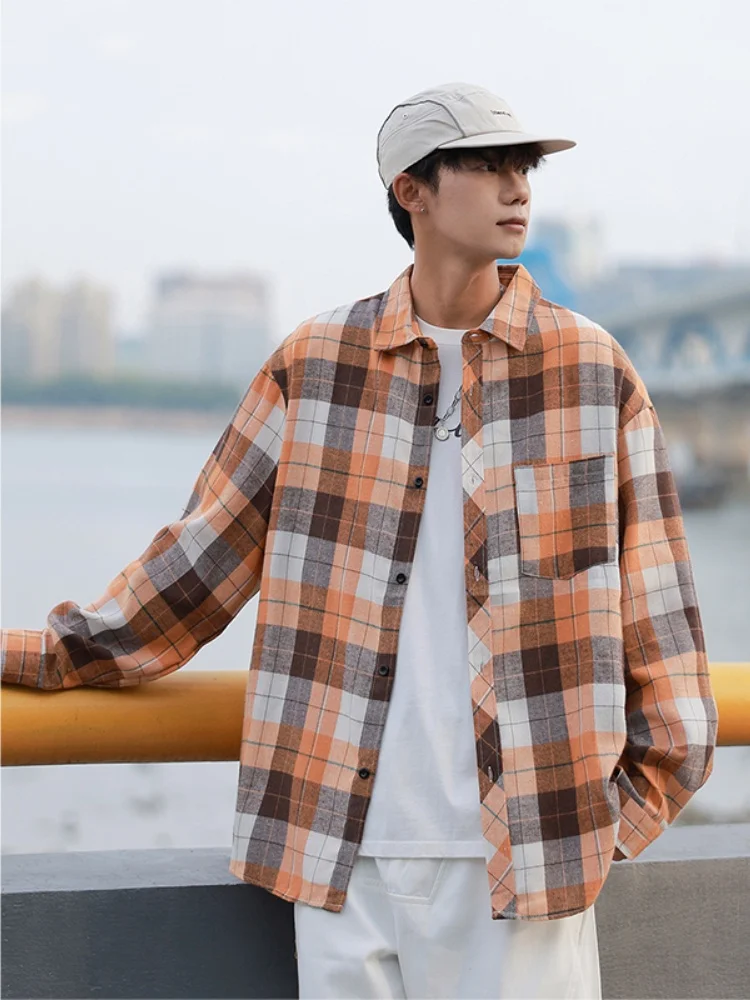 

Plaid Long Sve irt Men's Vintage American Sle Spring Autumn Cheered Pattern Button up Casual Loose Fit Youth Faion