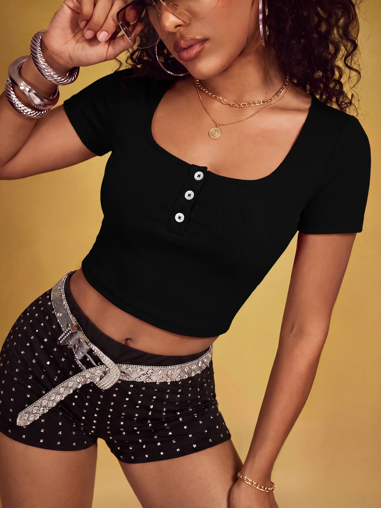 Fashion Ladies Square Neck Ribbed Knit Crop Tee Short Sleeve Button Detail Slim Fit Y2K Street Going‑out Tops