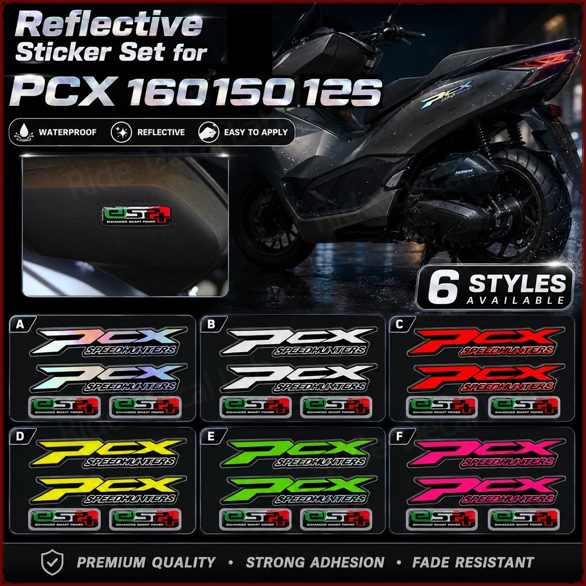

For PCX 125 150 160 Reflective Sticker Set - Waterproof ESP Decals 6 Styles Motorcycle Badge Kit