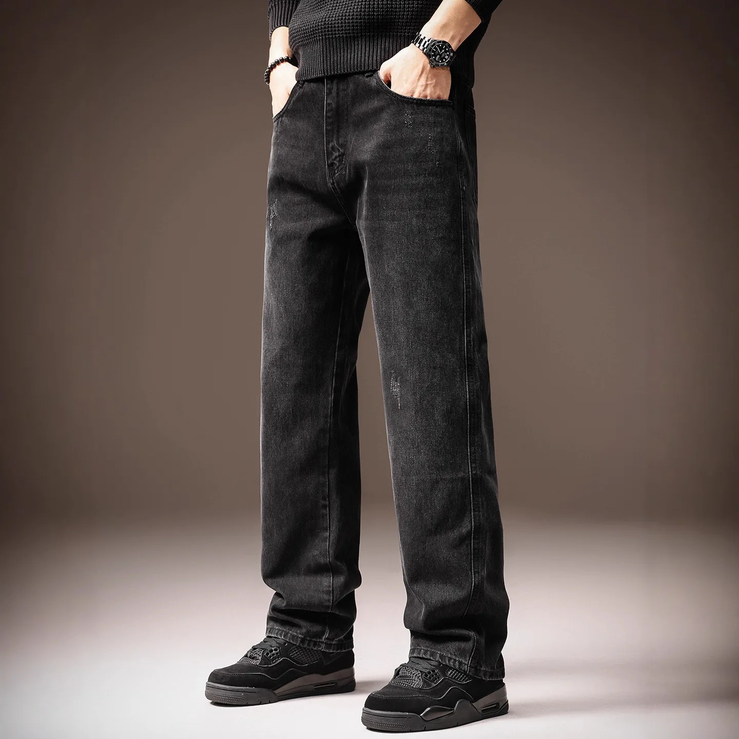 American Vintage New Fashion Men Black Solid Color Straight Simple Basic Loose Daily Denim Trousers Male Jeans Pants Clothes