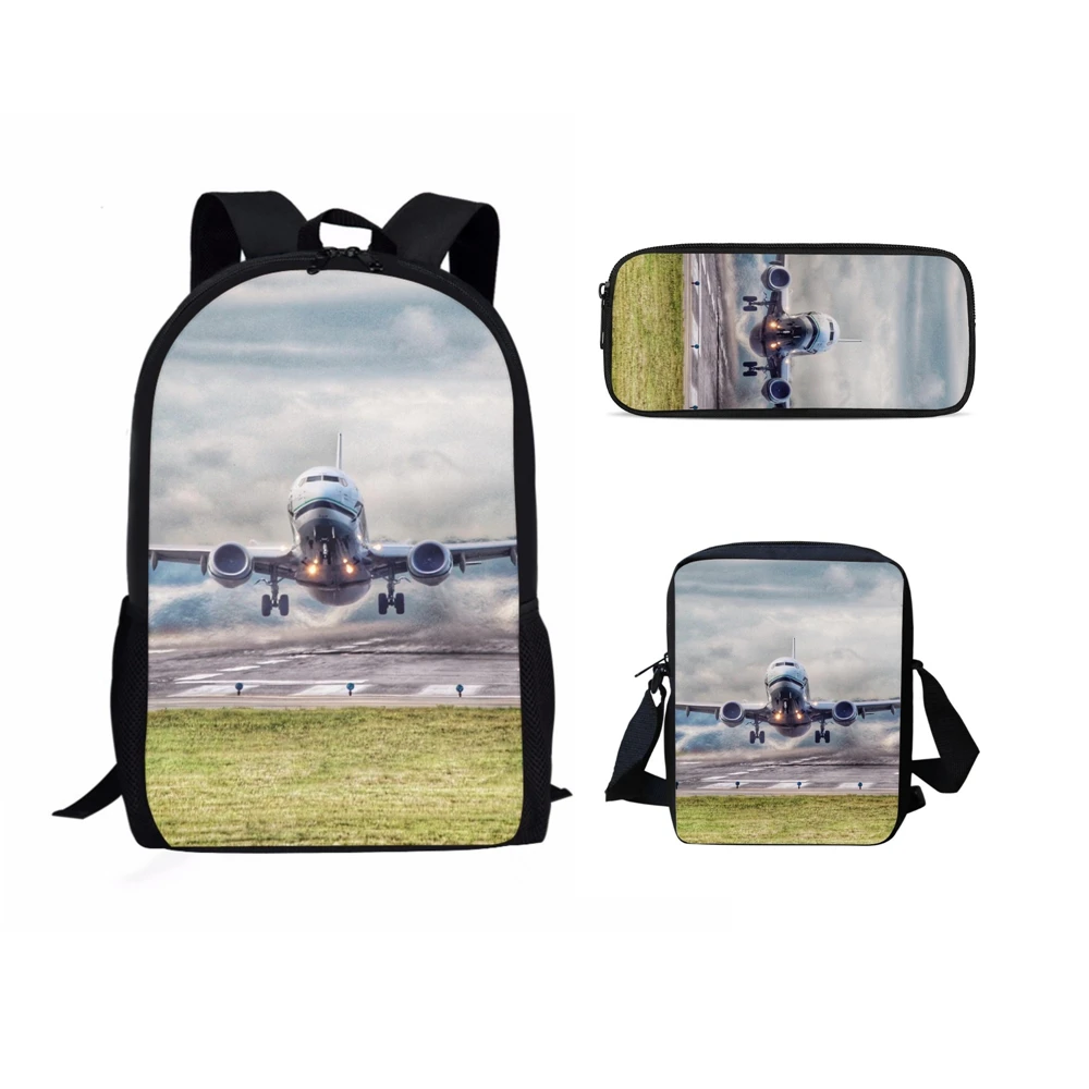 Mochila escolar con estampado de avión de 3 unids/set para estudiantes, morral de viaje personalizable para adolescentes