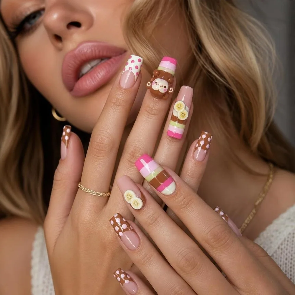24pcs Cute Y2K Fake Nails Monkey Banana Chips Decor Cartoon Press On Nails Macaron Stripes French Nails Girls