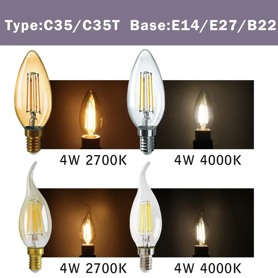 3pcs Retro Led Light Bulb E27 B22 E14 C35 A60 ST64 AC220-240V Edison Filament Bulb Vintage Warm Glass Lamp Lighting Indoor Light, image 3