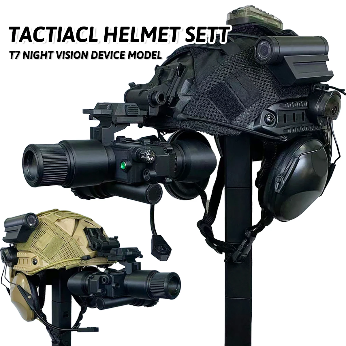 Airsoft Helmet Set with T7 Night Vision Model Signal Light Earmuffs Helmet Cover for Cosplay Wargame Ghost Shooting Equipment