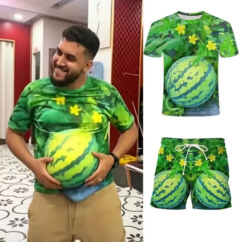 Hot-Selling Summer Trend Watermelon Pattern Men Tops 3D Printed Creative Pattern T-Shirt Men's Fun Crew Neck Short Sleeve Tees