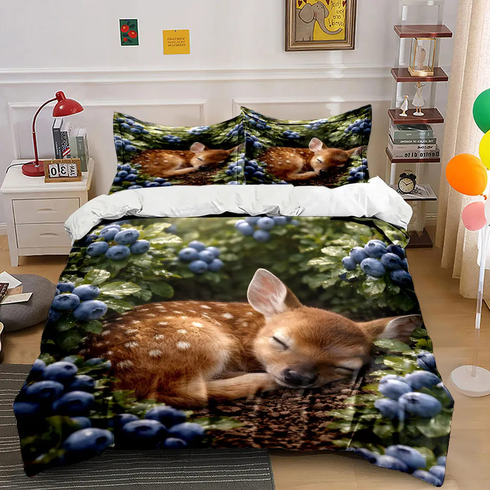 Sleeping fawn surrounded by blueberries Print Soft Comfortable Duvet Cover Bedding Set Included 1*Duvet Cover  2*Pillowcases