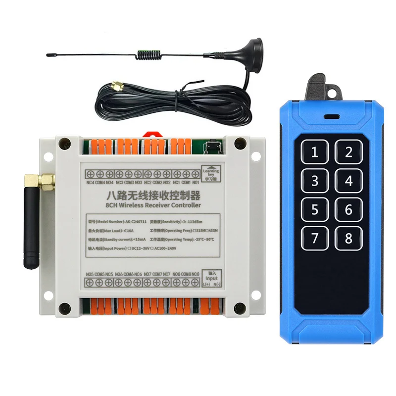 433MHZ 1000m Industrial DC 12V 24V 36V 8CH RF Wireless Remote Control Overhead travelling crane System Receiver Suckers antenna