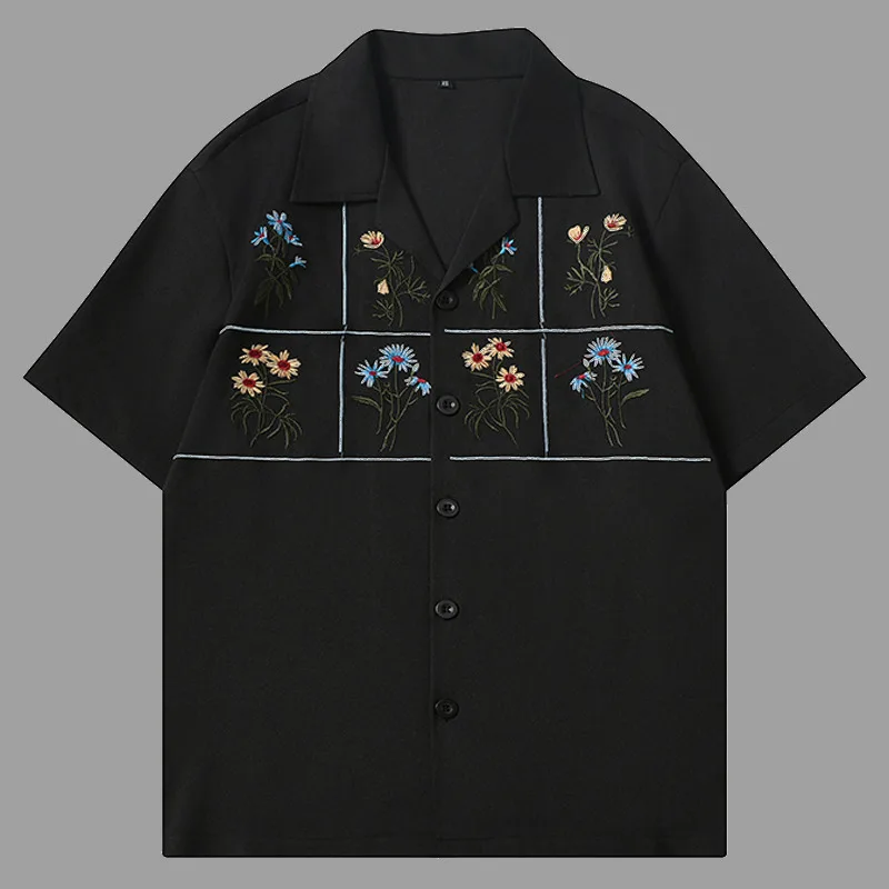 

Flower Embroidery Shirts Men Camisa Social Masculina Short Sleeve Men Clothing Casual Shirt Black Beige Shirt Party Dress Shirts