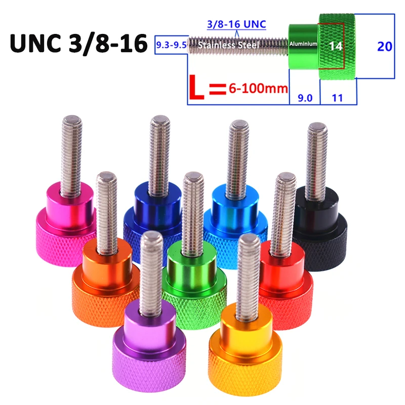 1pc UNC 3/8-16 L=6-100mm Head Ø 20mm Colorful Knurled Thumb Screw Aluminum Alloy Stainless Steel High Type Hand Grip Knob Bolt