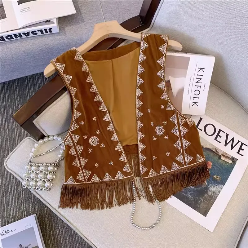 

Bohemian Ethnic Style Western Denim Brown Suede Embroidered Vest Short Versatile Outerwear Cardigan Jacket