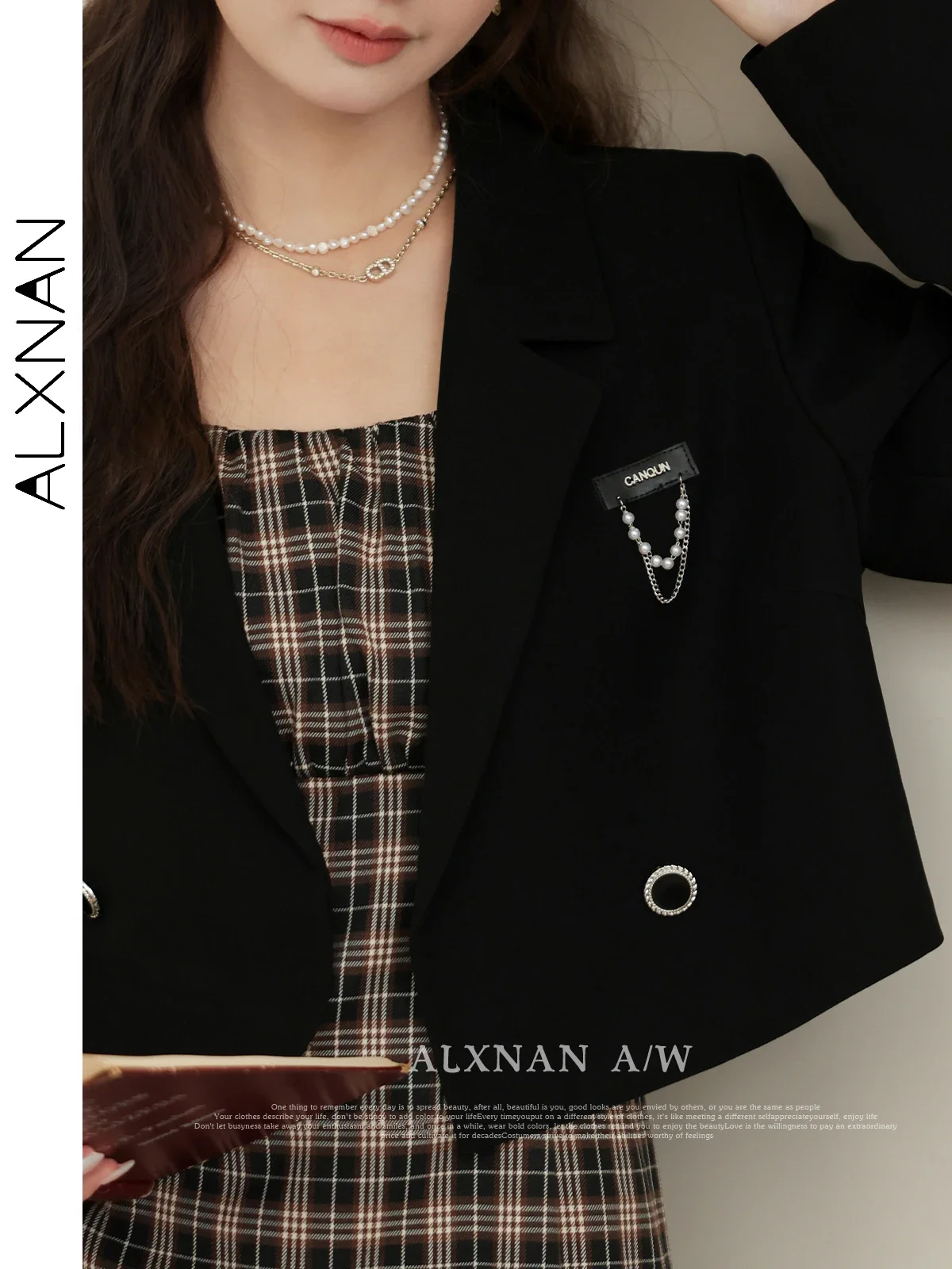 ALXNAN Women\'s Simple Fashion Blazer 2024 Autumn Open Stitch Lapel Collar Pearl Chain Lady Cropped Coat Sold Separately LXN31355