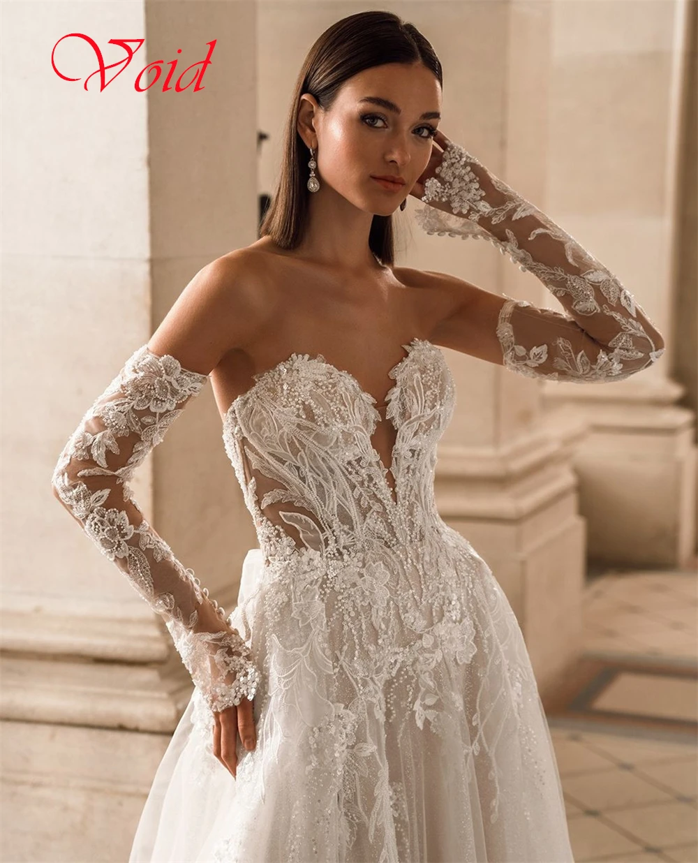 فستان زفاف من التول الأبيض مخصص بدون حمالات وأكمام قابلة للانفصال لحفلات الزفاف مثير بأربطة من الخلف رداء de mariée