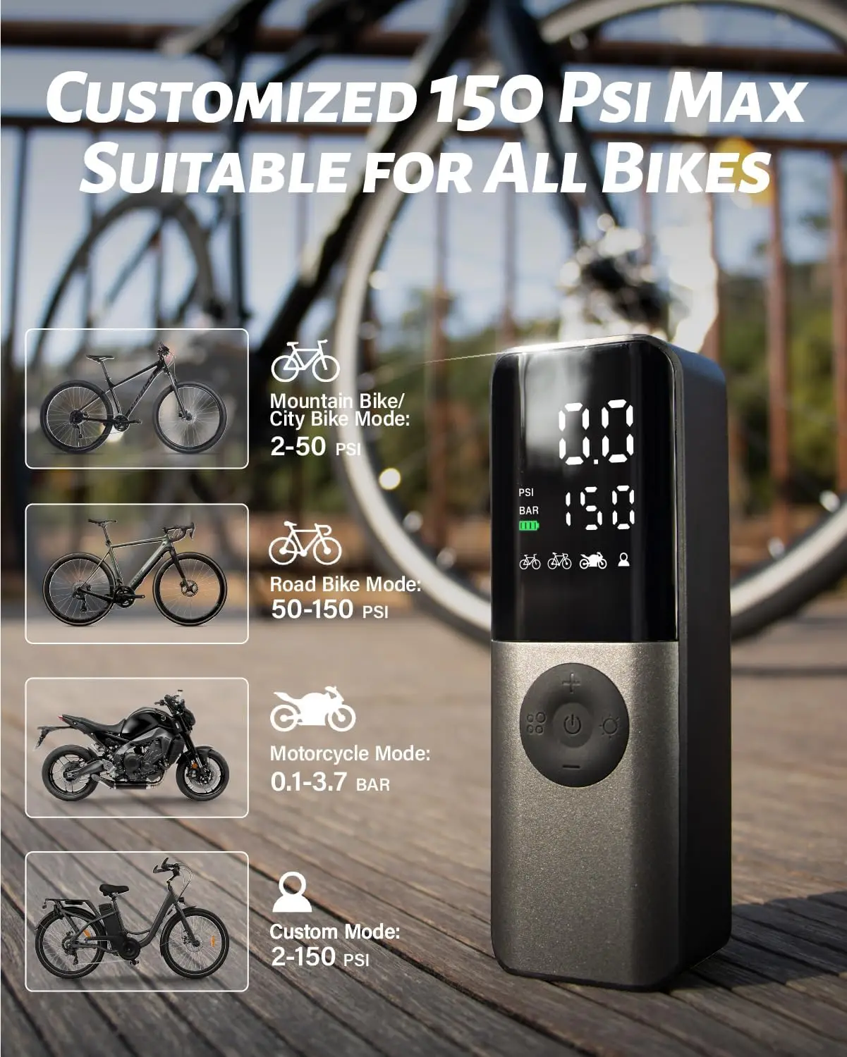 مضخة دراجة كهربائية محمولة BG01 مع مقياس رقمي لصمامات بريستا/شرايدر، نفخ سريع 150 رطل لكل بوصة مربعة للطرق والجبال وE-Bi #5