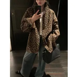 New Women's Retro Lapel Leopard Print Shirt Mid Length Loose Fashion Turndown Collar Tops Oversized Casual High Street Shirt